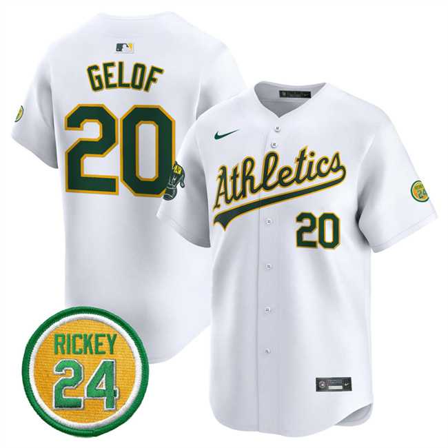 Mens Oakland Athletics #20 Zack Gelof White 2024 Home Limited With Rickey Henderson Patch Stitched Jersey Dzhi